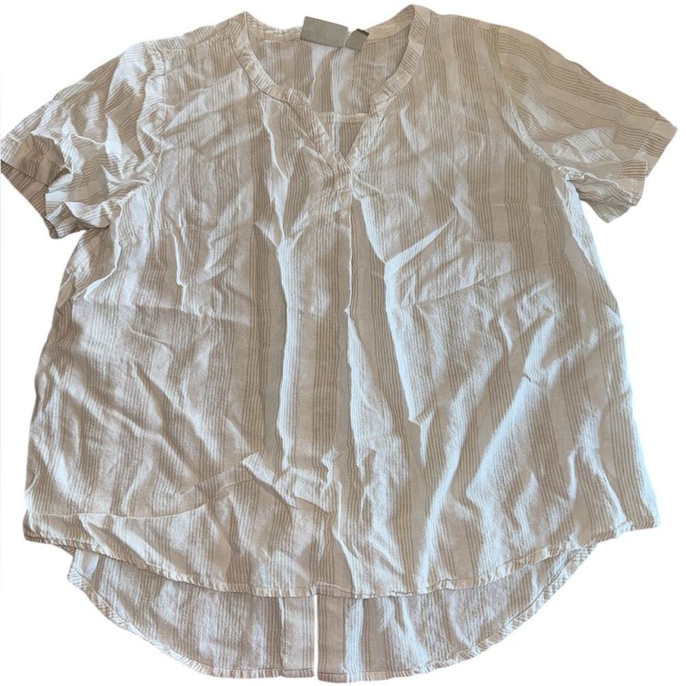 Denim & Co Naturals Casual White Striped Linen Short Sleeve Top M